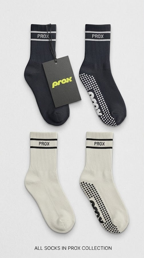 Prox Socks — graphite and cream striped crew socks with grip soles